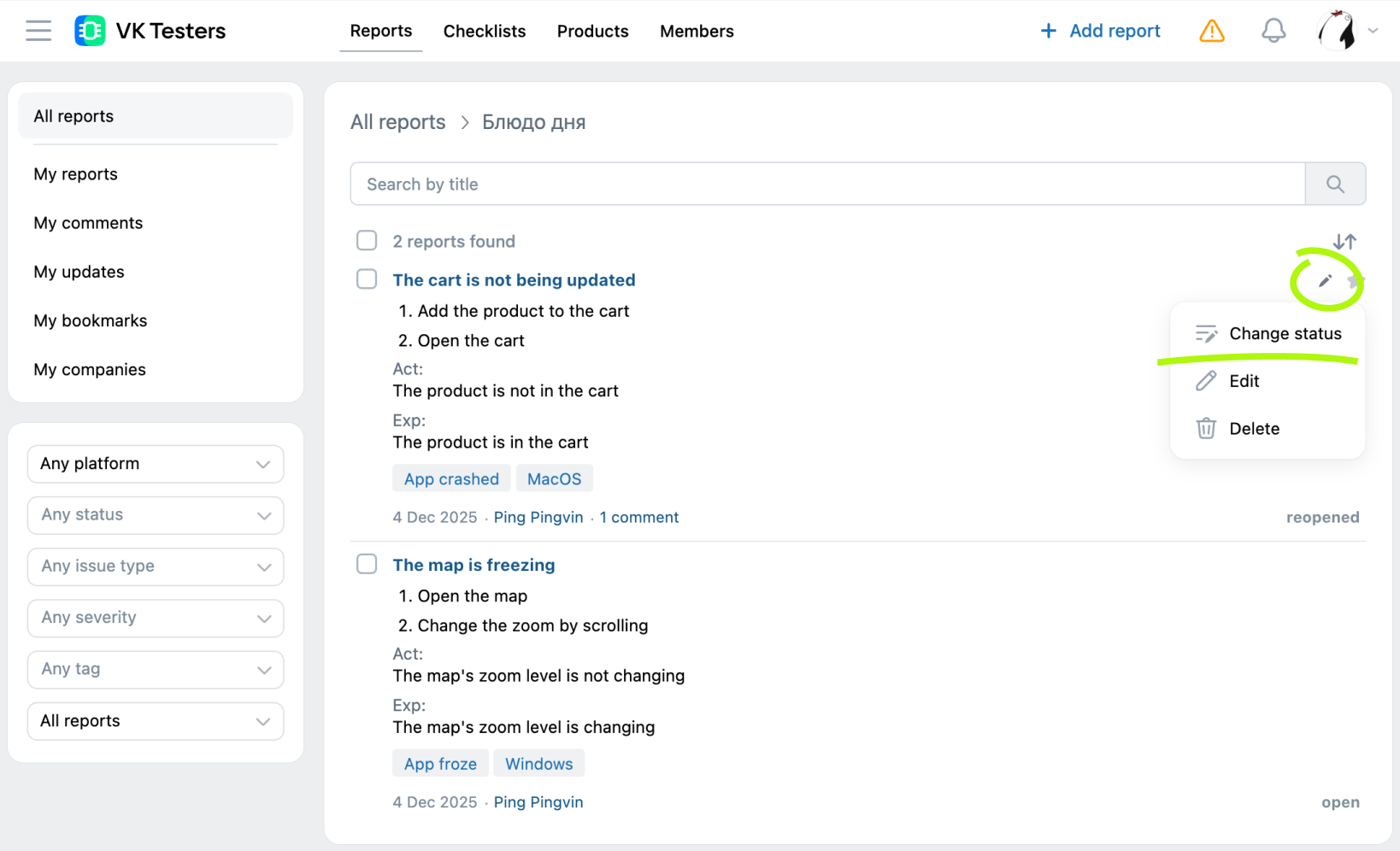Changing the status in the report list